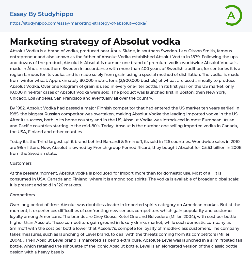 Marketing strategy of Absolut vodka Essay Example