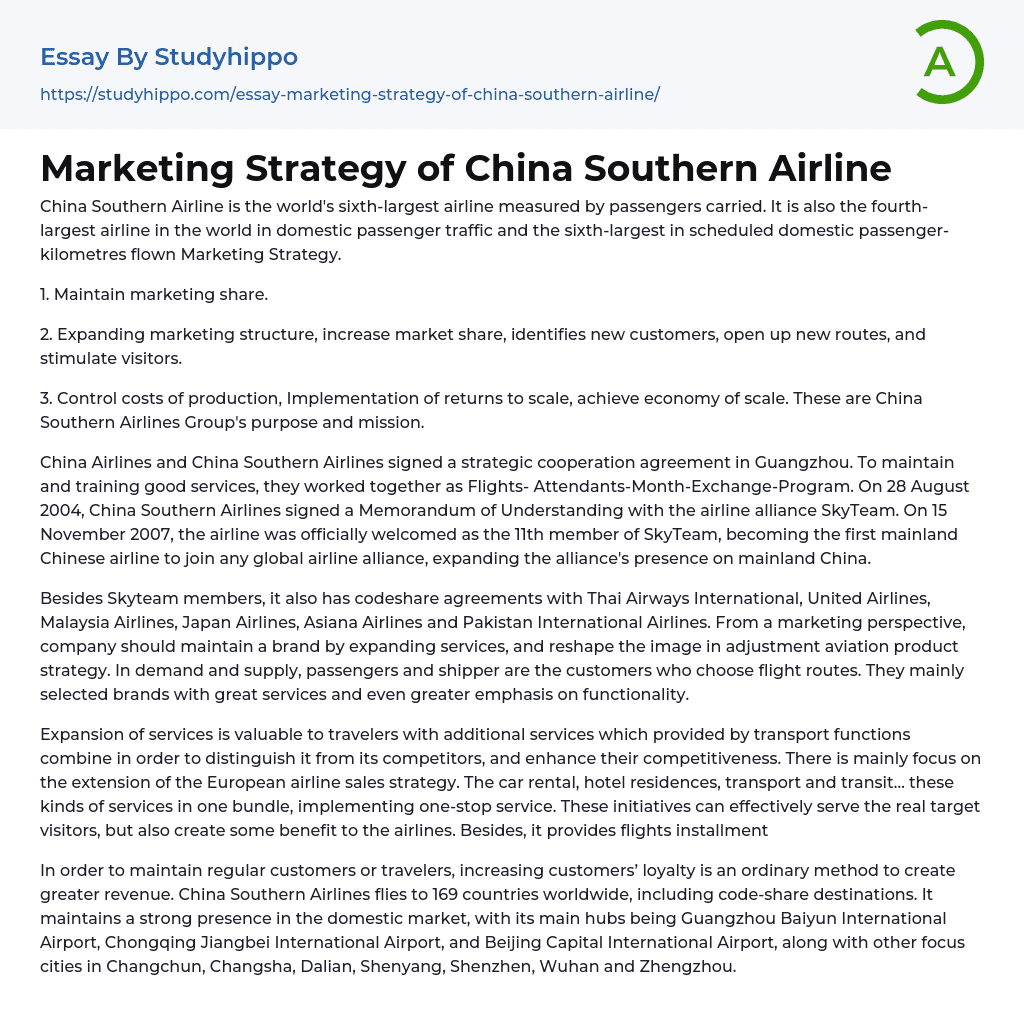 Marketing Strategy of China Southern Airline Essay Example
