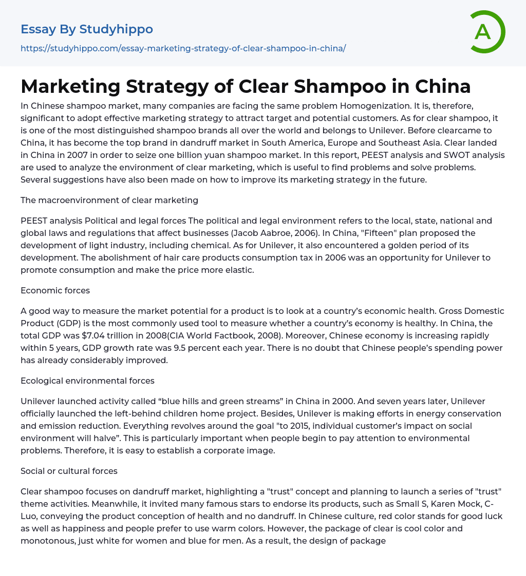 Marketing Strategy of Clear Shampoo in China Essay Example