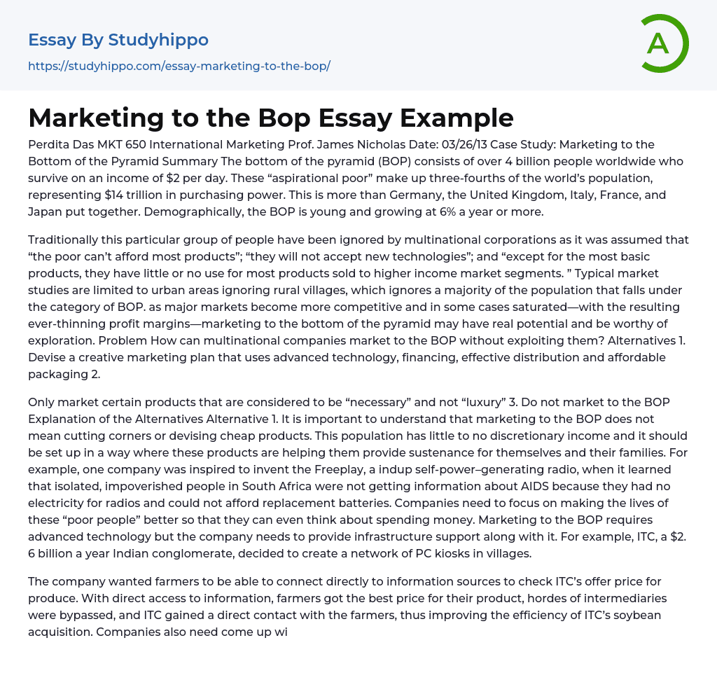 Case Study Marketing to the Bottom of the Pyramid Essay Example