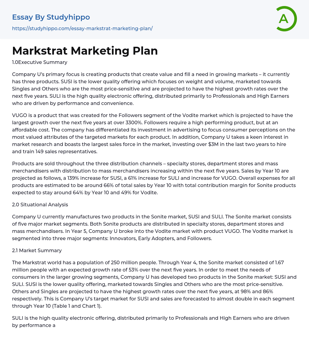 Markstrat Marketing Plan Essay Example