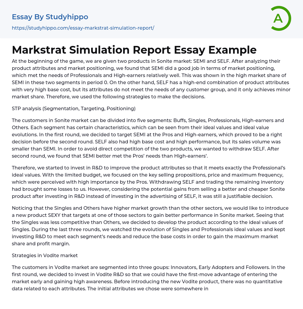 Markstrat Simulation Report Essay Example