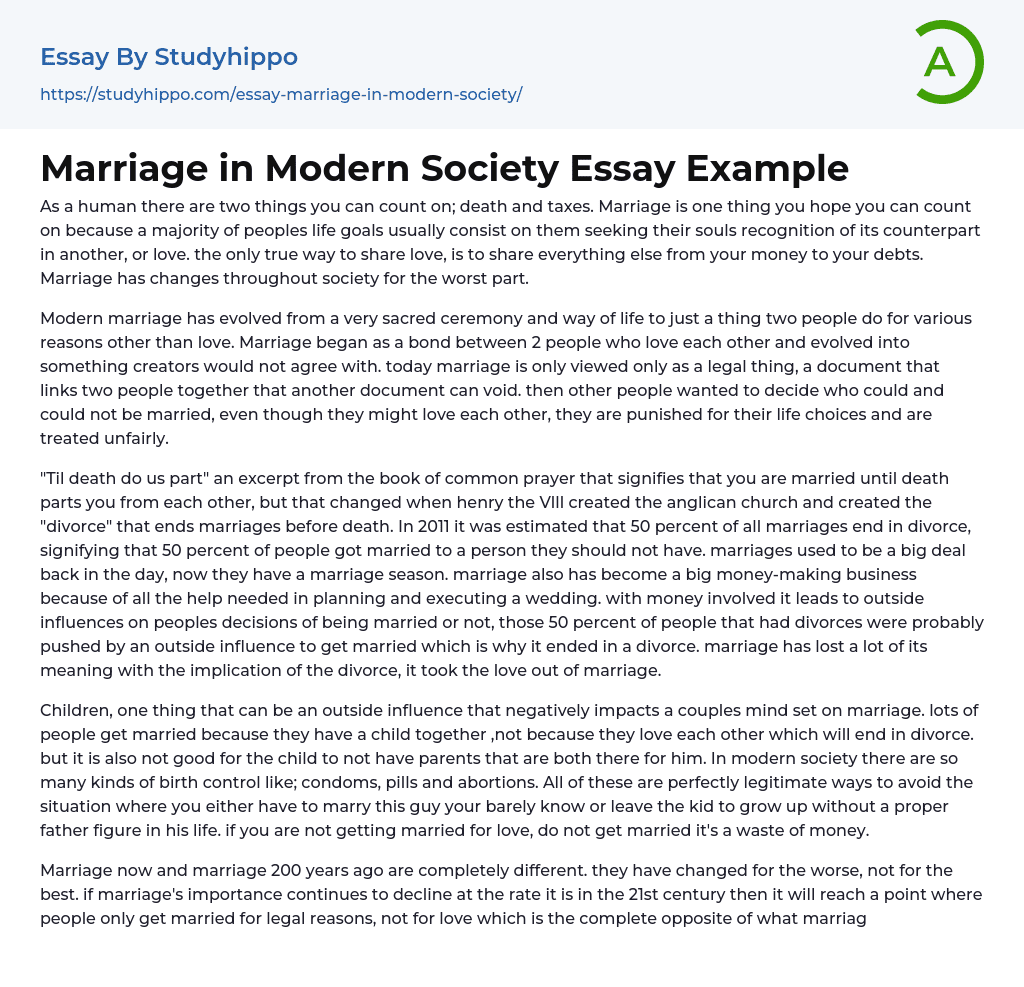Marriage in Modern Society Essay Example