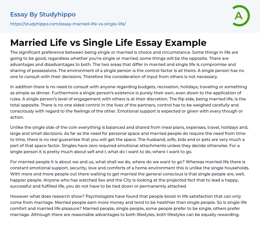 Married Life vs Single Life Essay Example