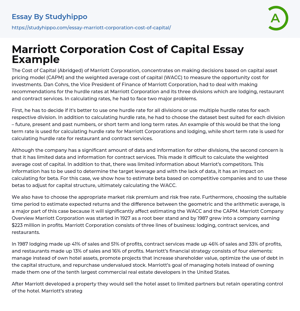 Marriott Corporation Cost of Capital Essay Example