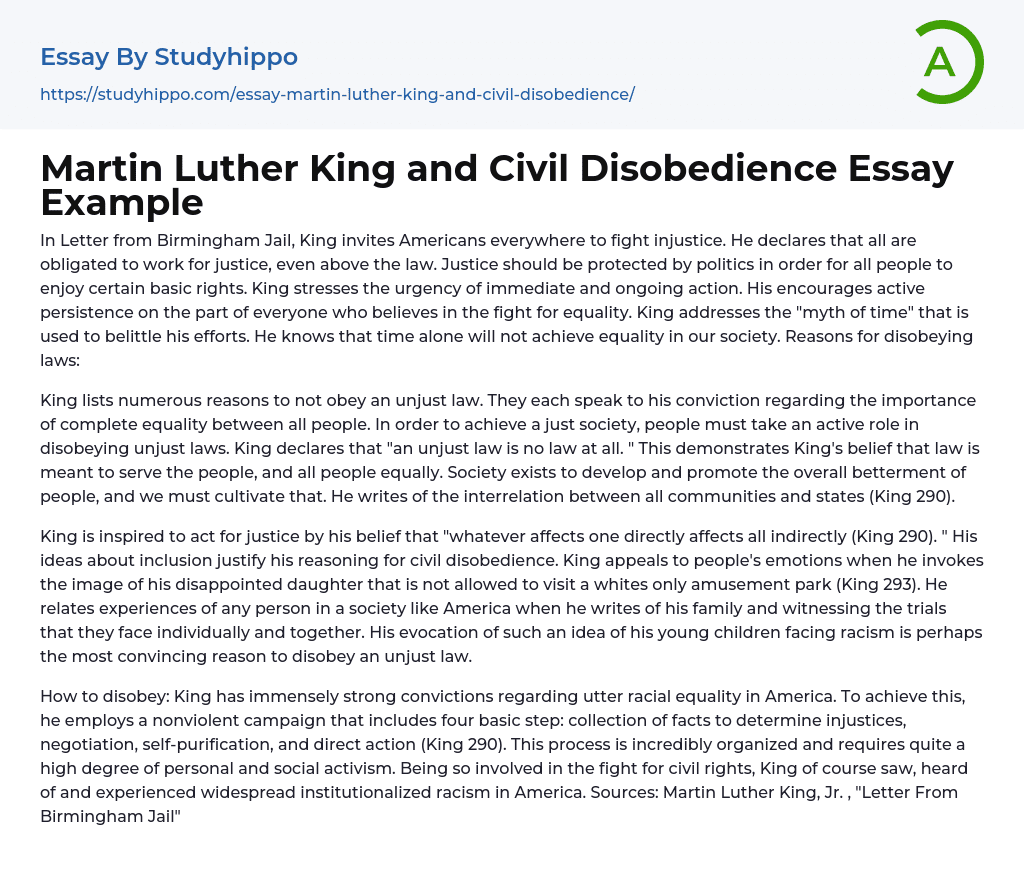 Martin Luther King and Civil Disobedience Essay Example