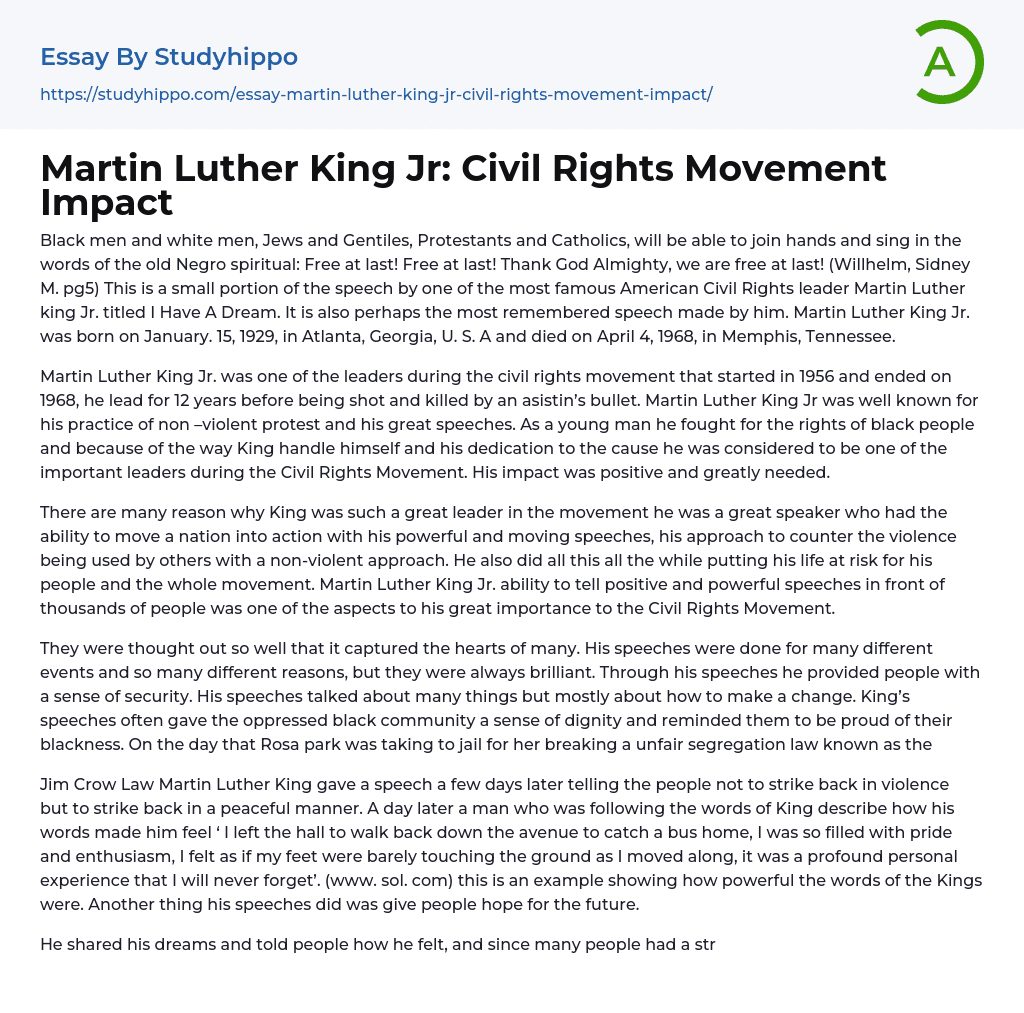 Martin Luther King Jr: Civil Rights Movement Impact Essay Example
