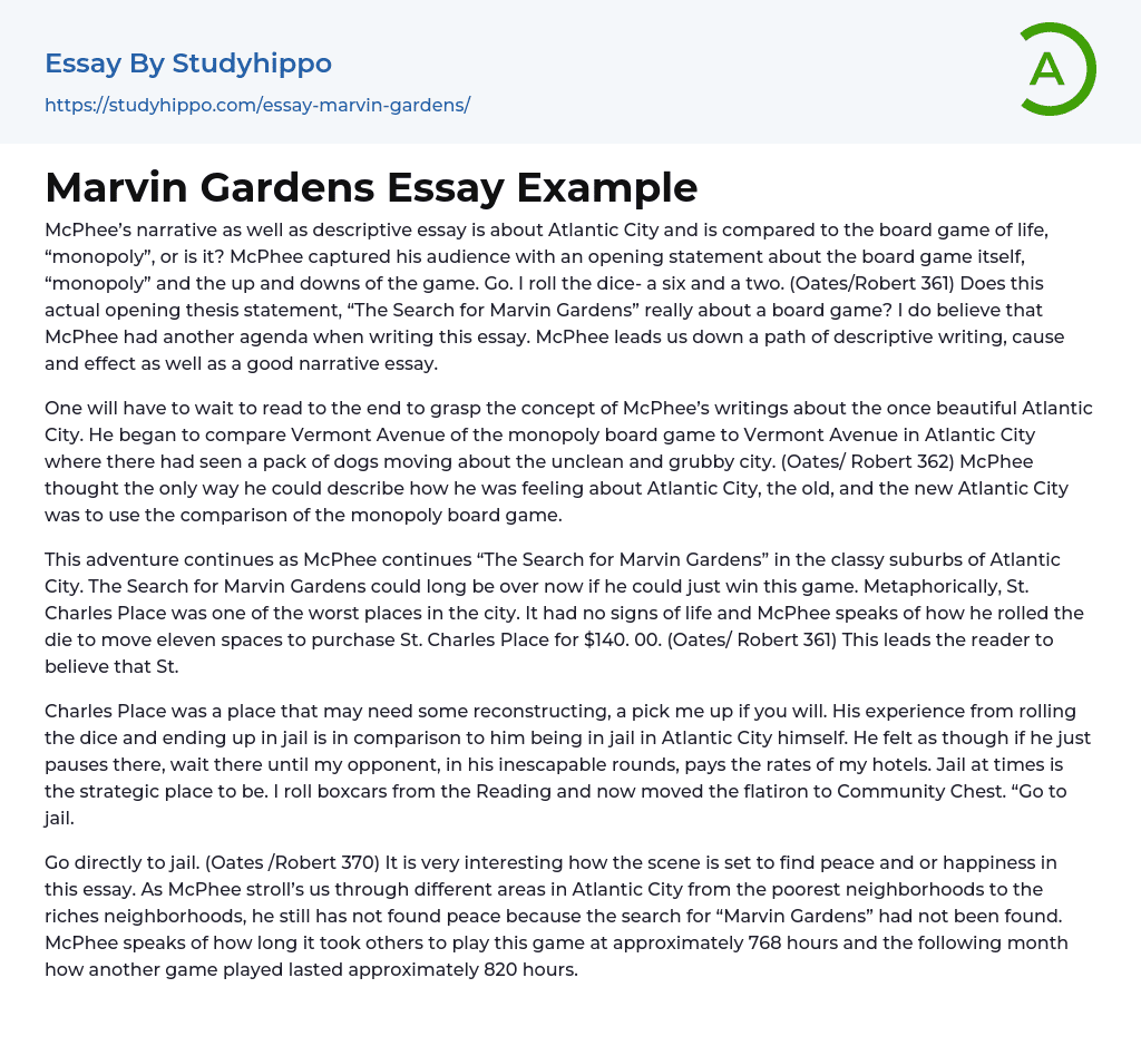 Marvin Gardens Essay Example