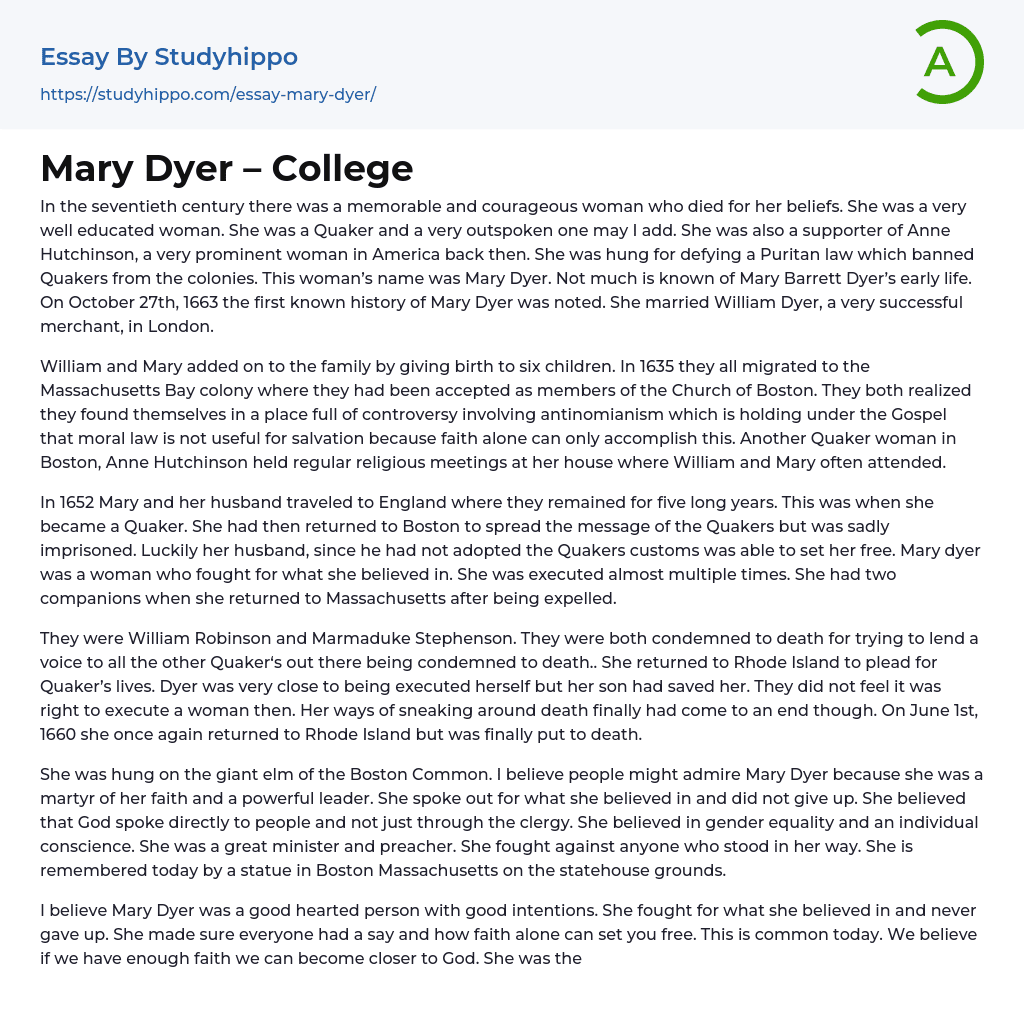 Mary Dyer – College Essay Example