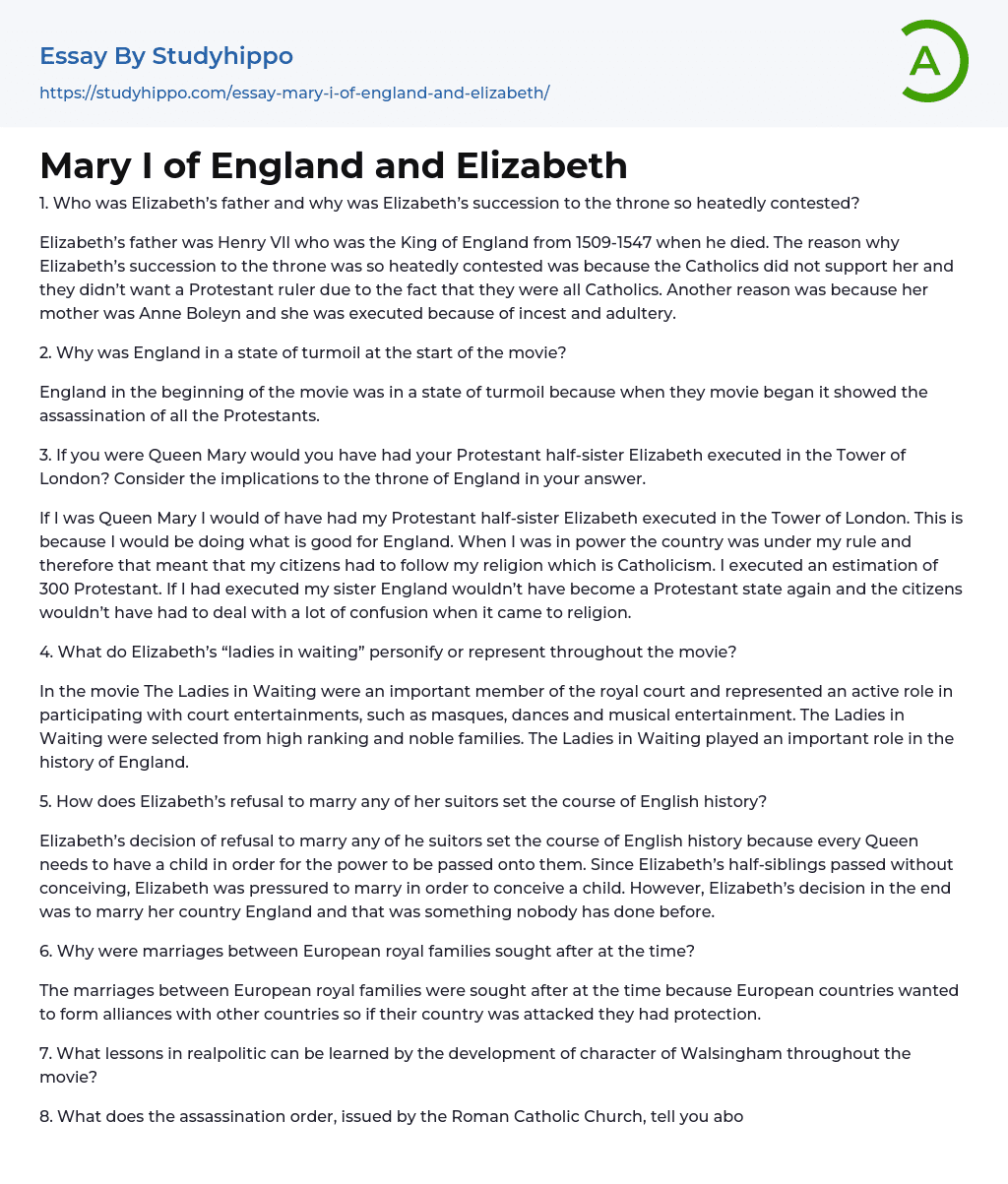 Mary I of England and Elizabeth Essay Example
