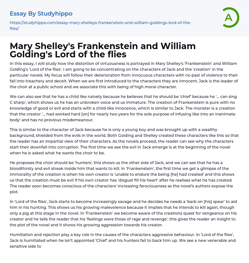 Mary Shelley’s Frankenstein and William Golding’s Lord of the flies Essay Example