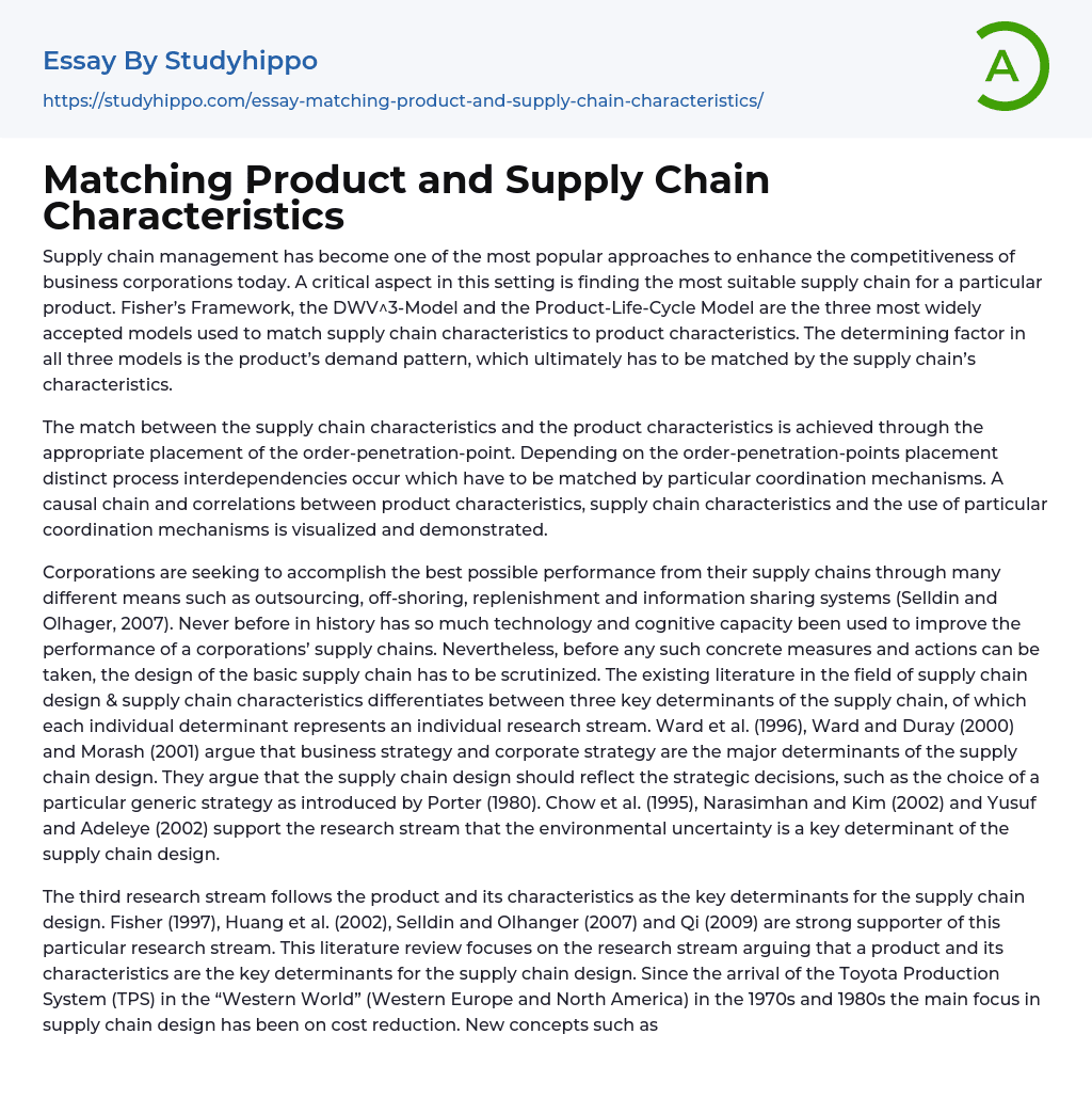 Matching Product and Supply Chain Characteristics Essay Example