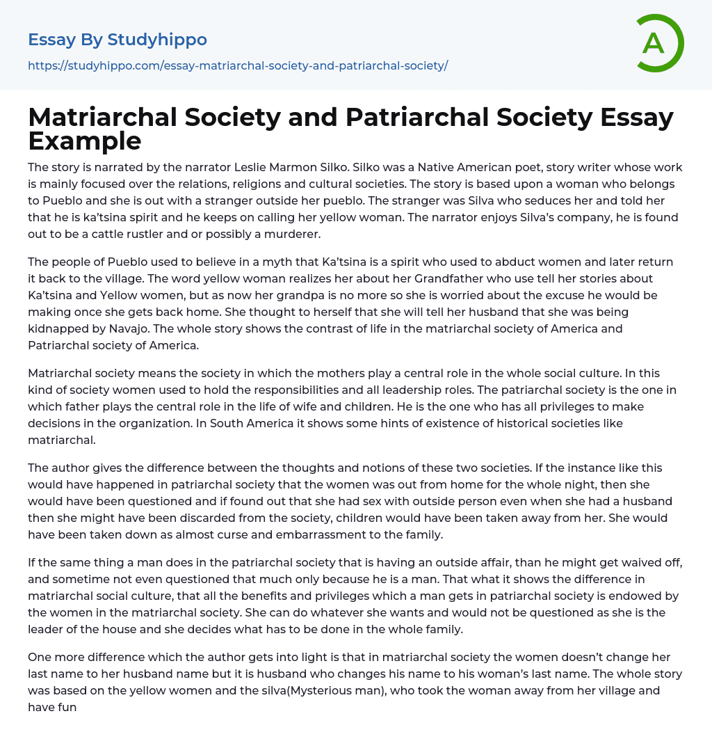 Matriarchal Society and Patriarchal Society Essay Example