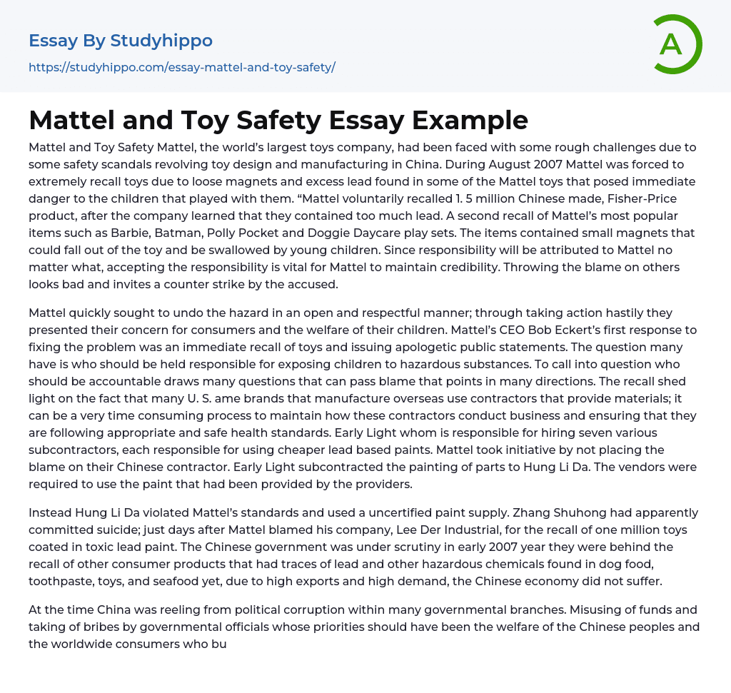 Mattel and Toy Safety Essay Example