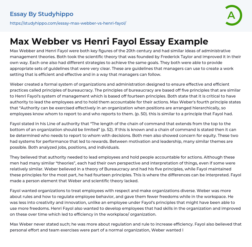 Max Webber vs Henri Fayol Essay Example