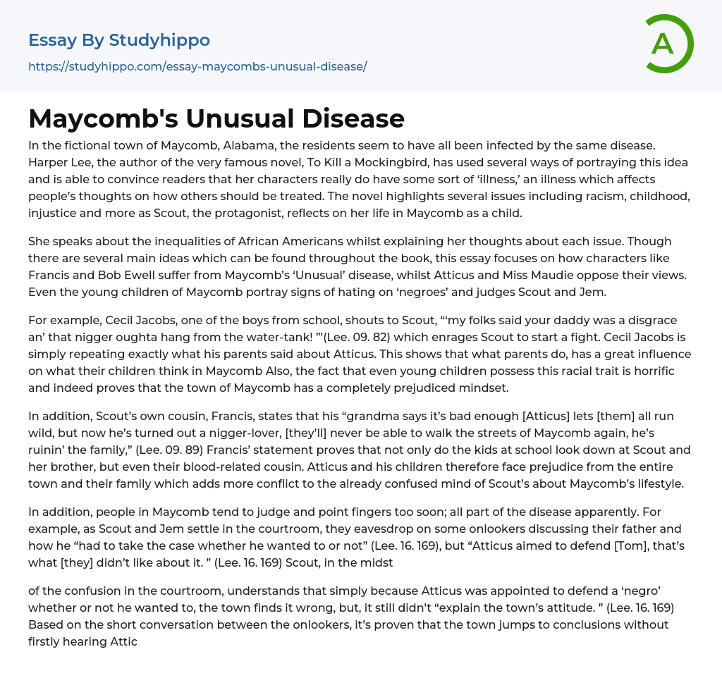 Maycomb’s Unusual Disease Essay Example