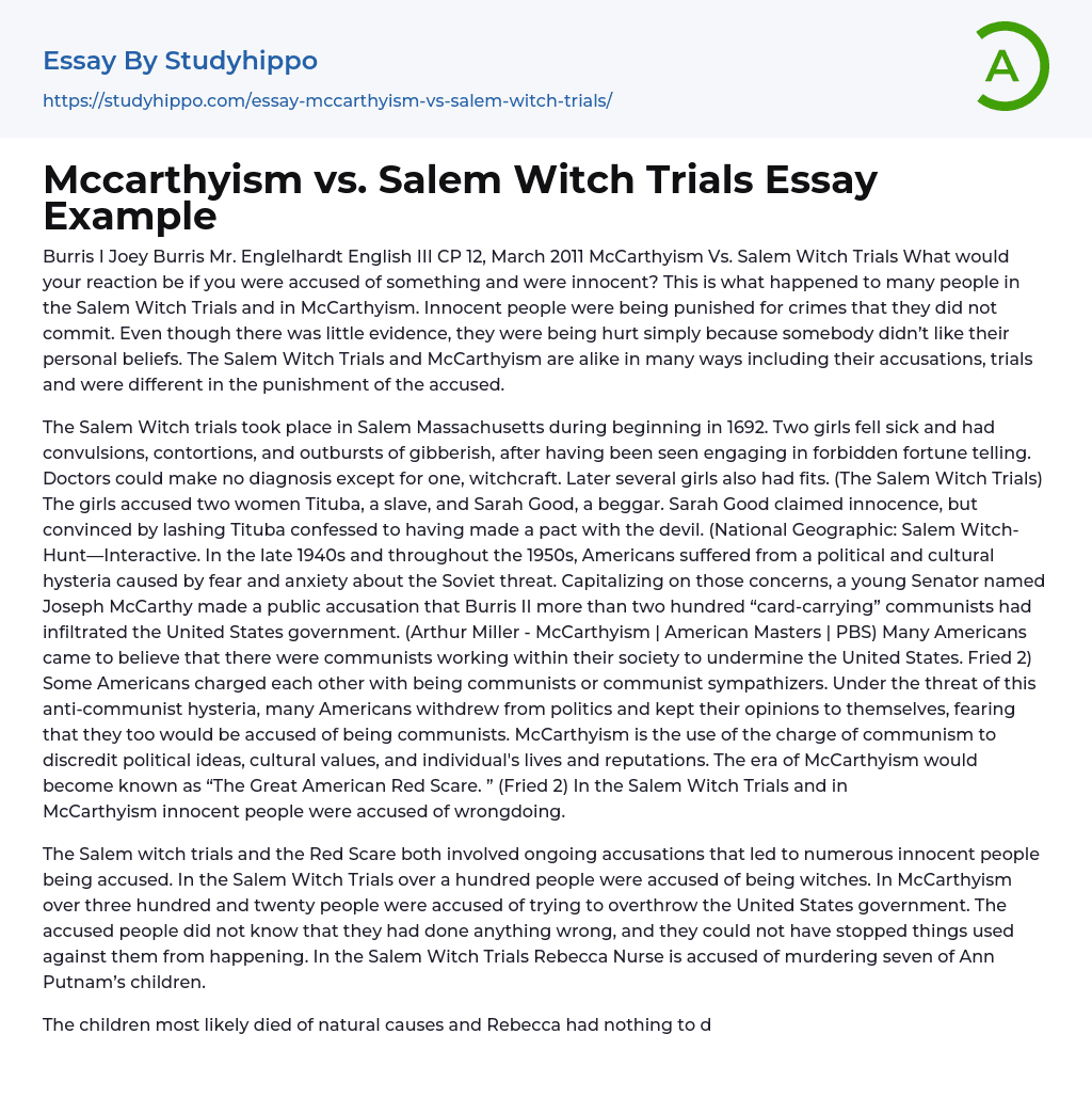 Mccarthyism vs. Salem Witch Trials Essay Example