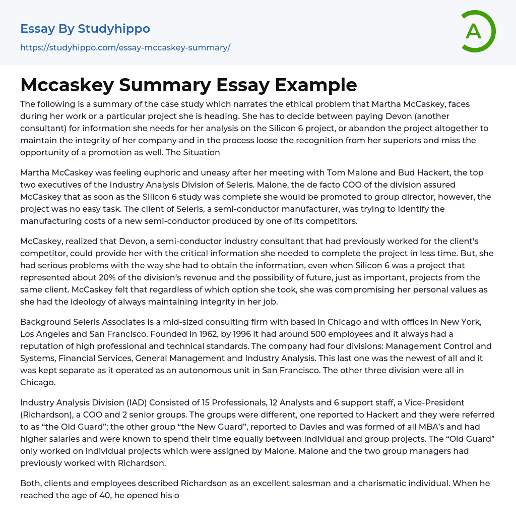Mccaskey Summary Essay Example