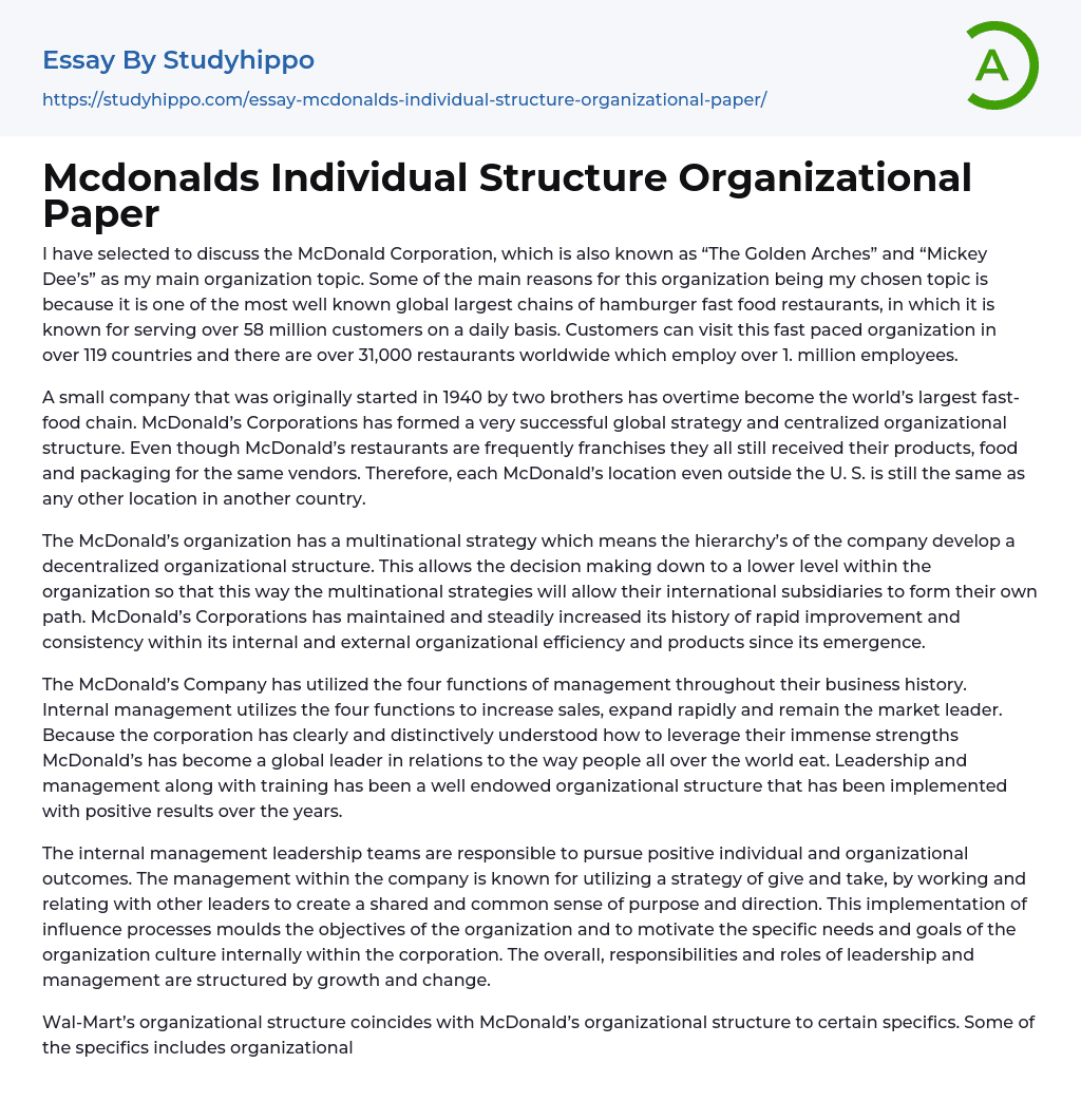 Mcdonalds Individual Structure Organizational Paper Essay Example