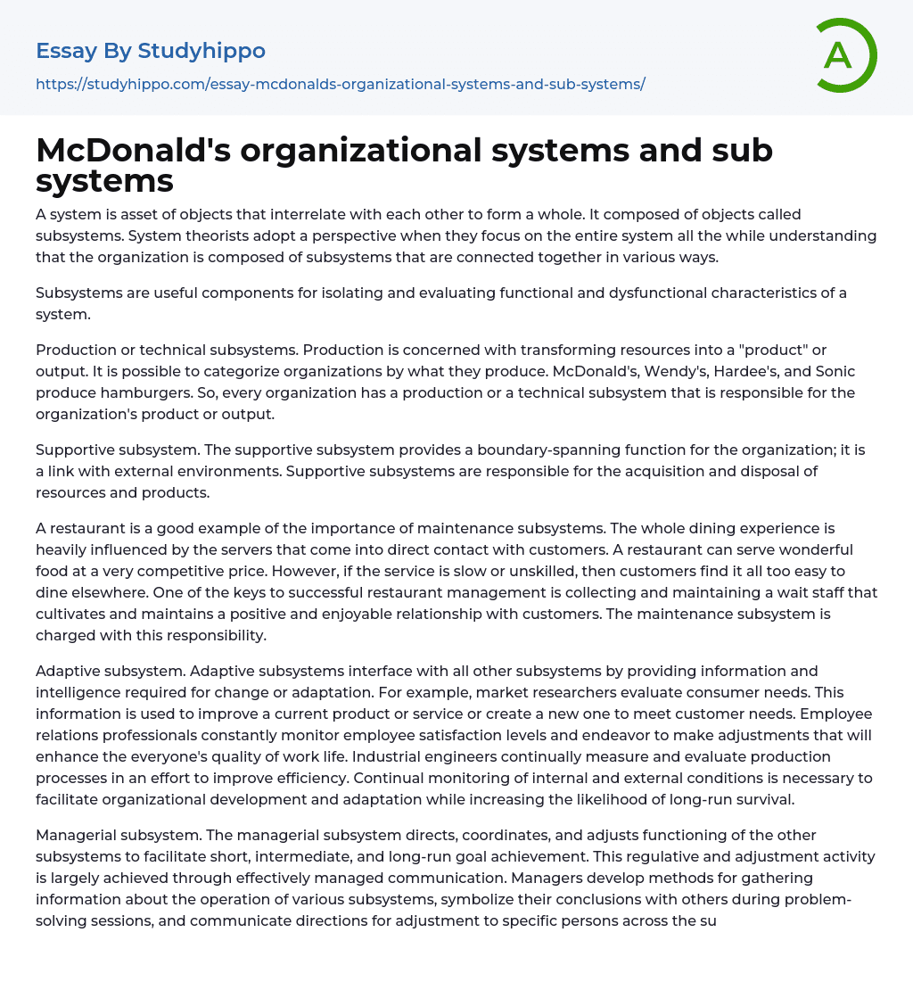 McDonald’s organizational systems and sub systems Essay Example