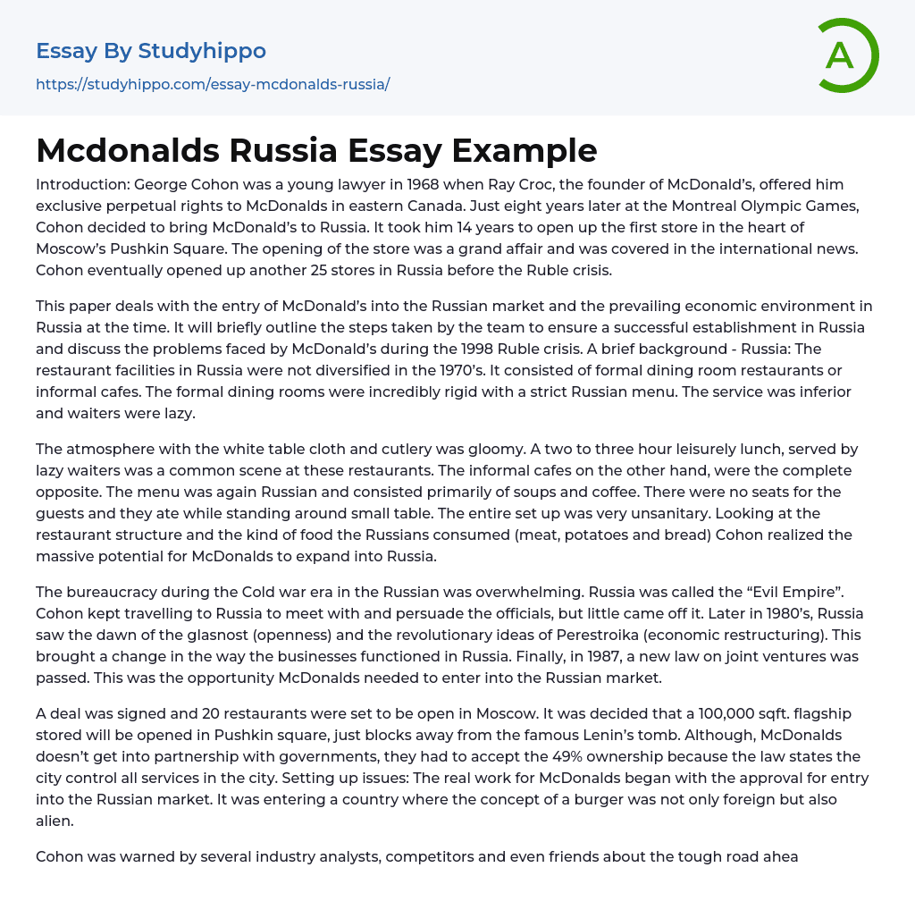 Mcdonalds Russia Essay Example