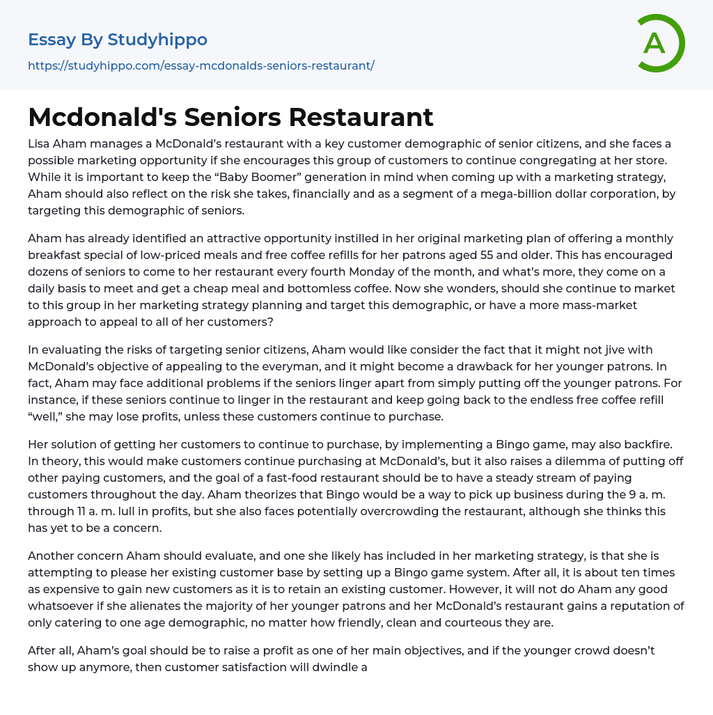Mcdonald’s Seniors Restaurant Essay Example