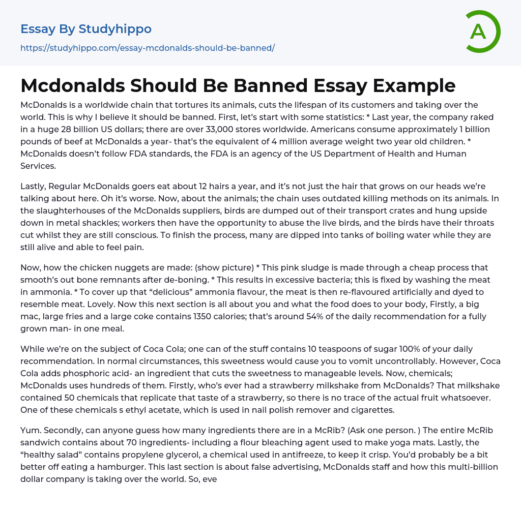Mcdonalds Should Be Banned Essay Example
