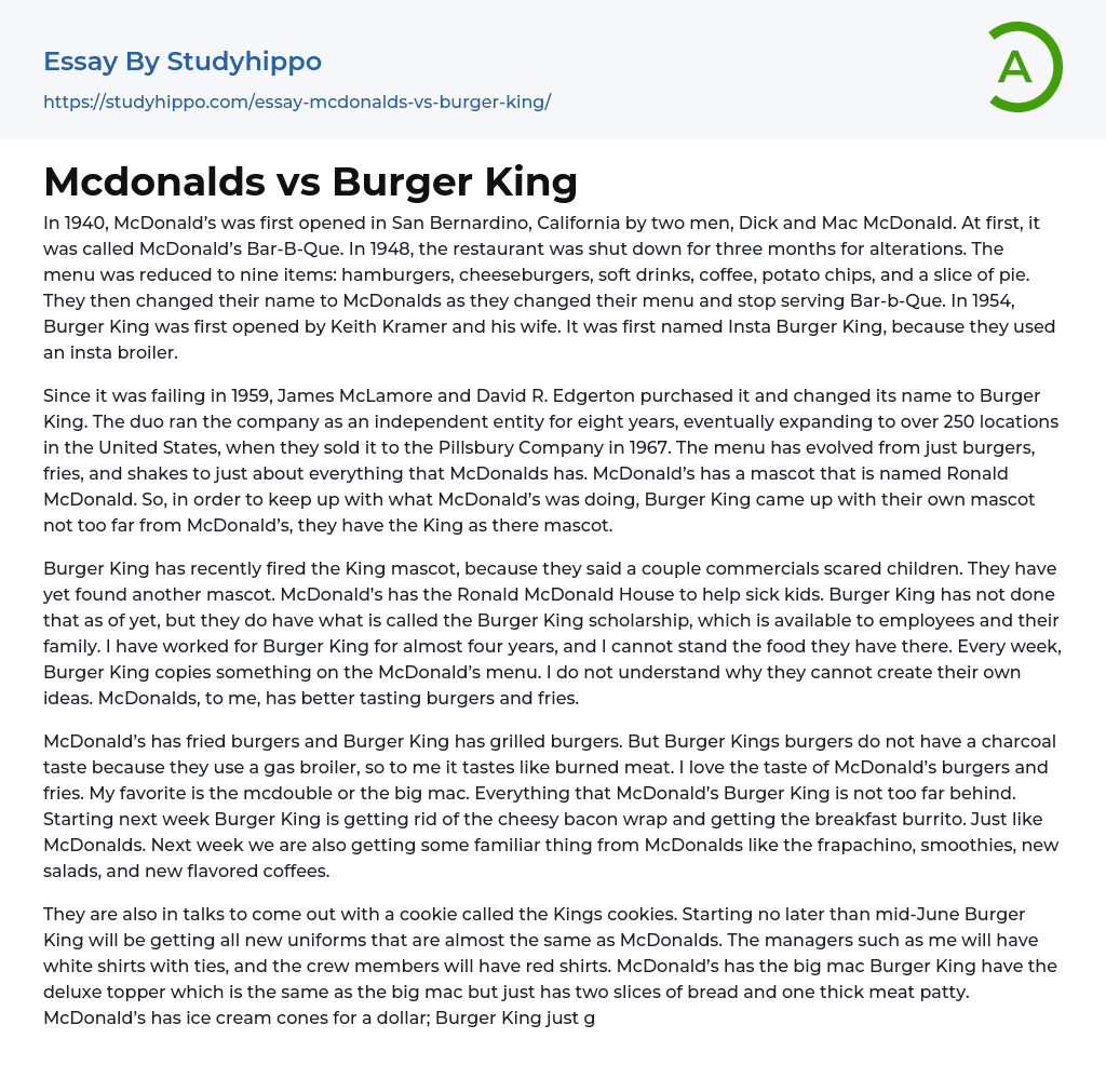 Mcdonalds vs Burger King Essay Example
