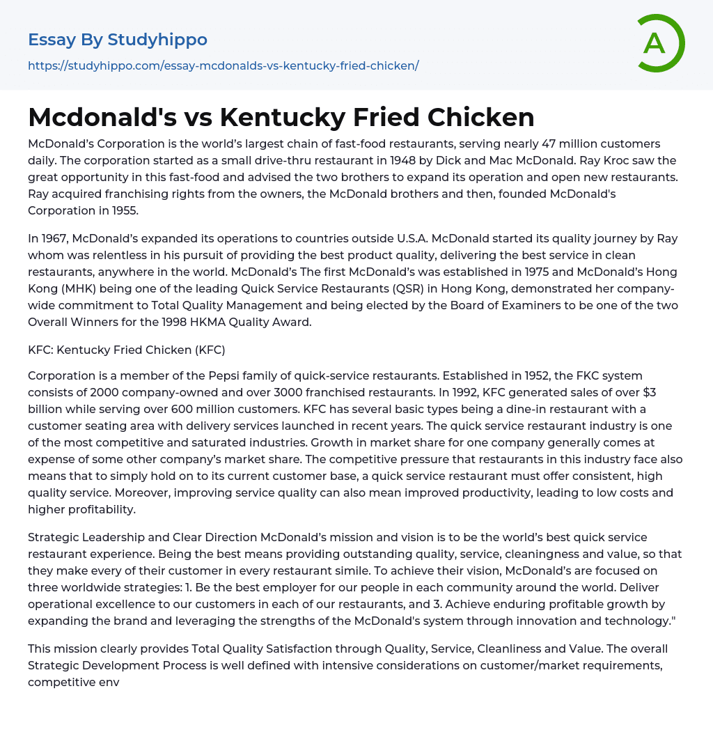 Mcdonald’s vs Kentucky Fried Chicken Essay Example