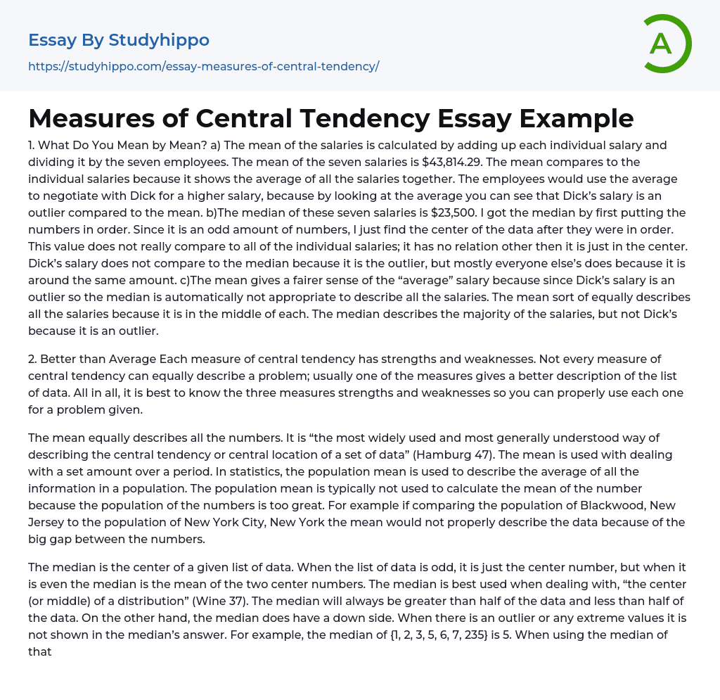 Measures of Central Tendency Essay Example