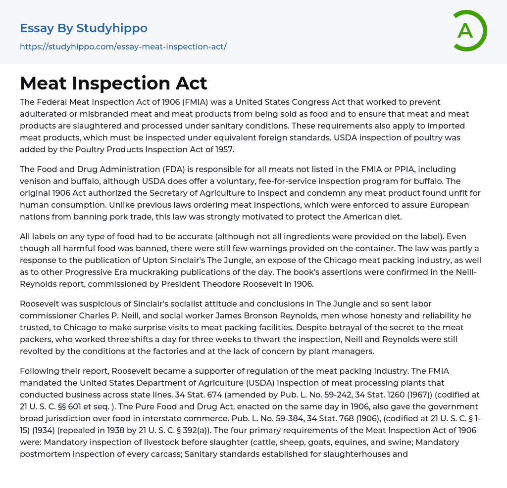 Meat Inspection Act Essay Example