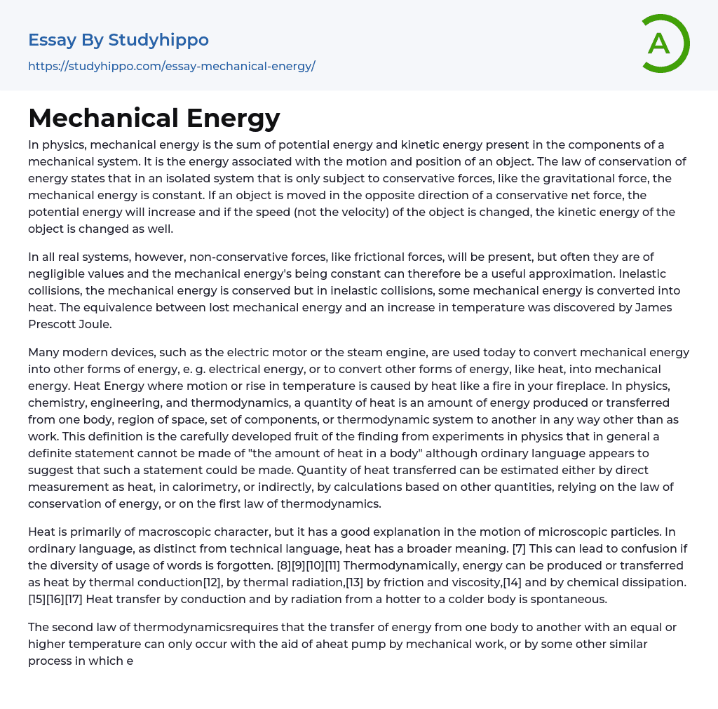 Mechanical Energy Essay Example