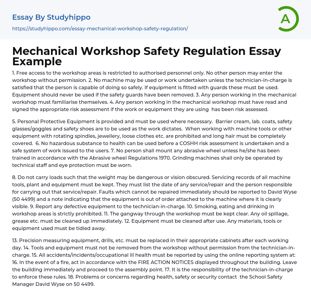 Mechanical Workshop Safety Regulation Essay Example