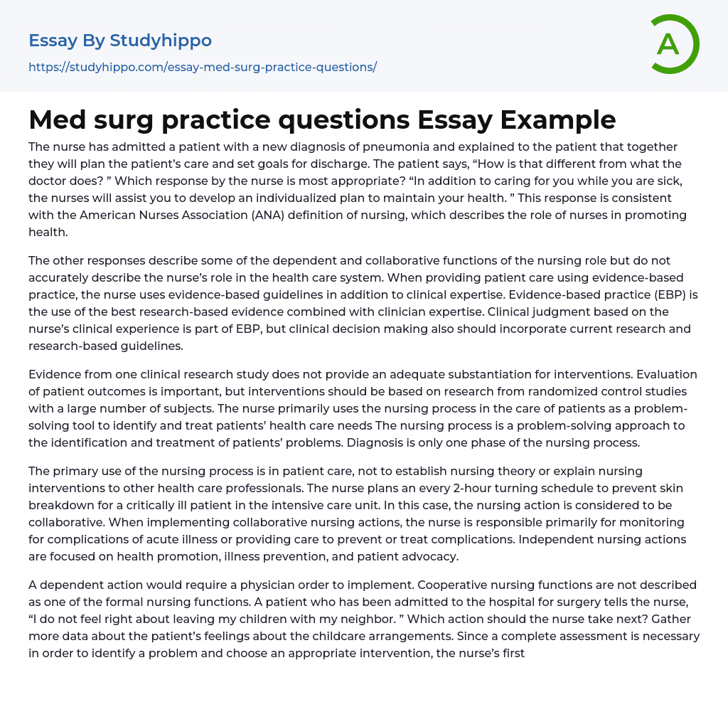 Med surg practice questions Essay Example