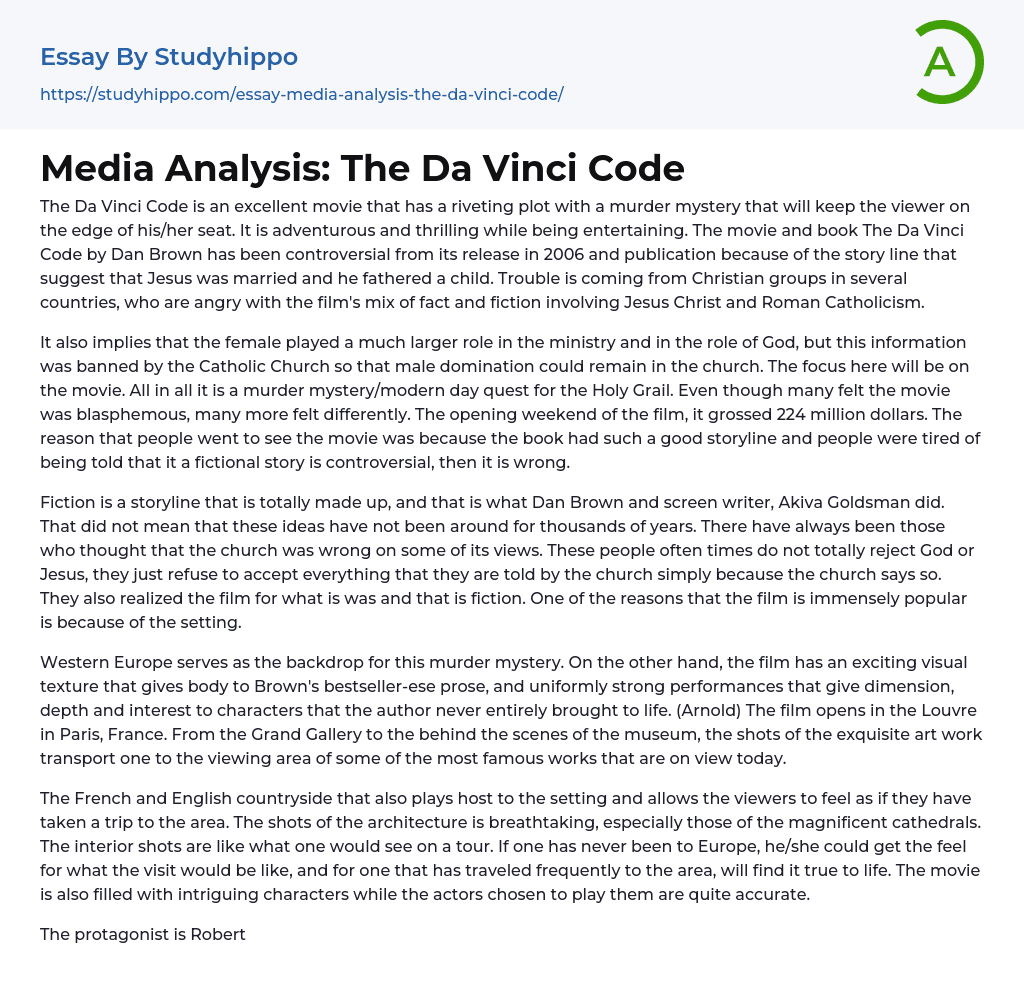 Media Analysis: The Da Vinci Code Essay Example