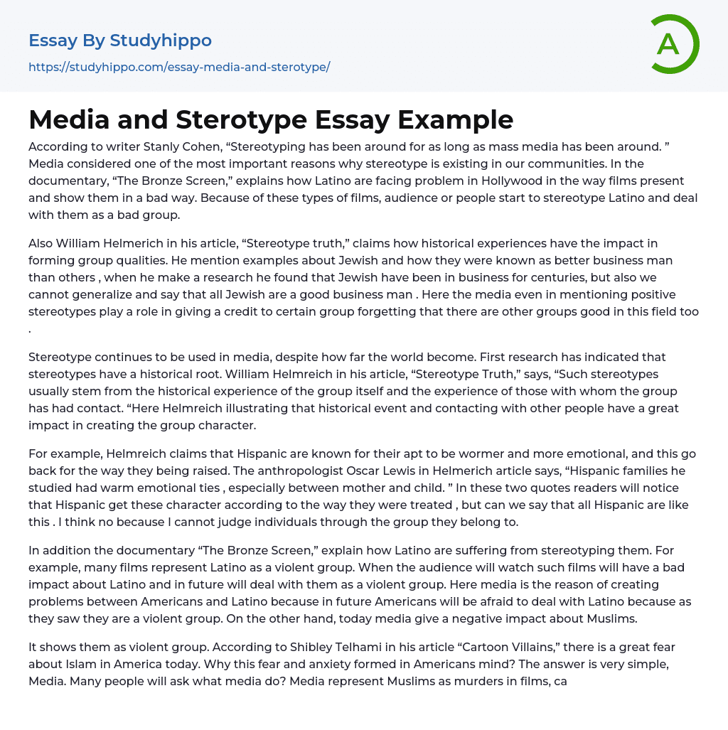 Media and Sterotype Essay Example