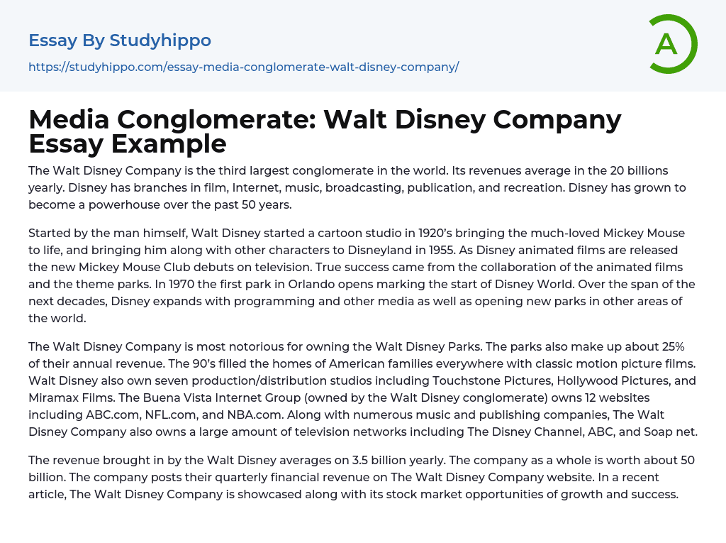 Media Conglomerate: Walt Disney Company Essay Example