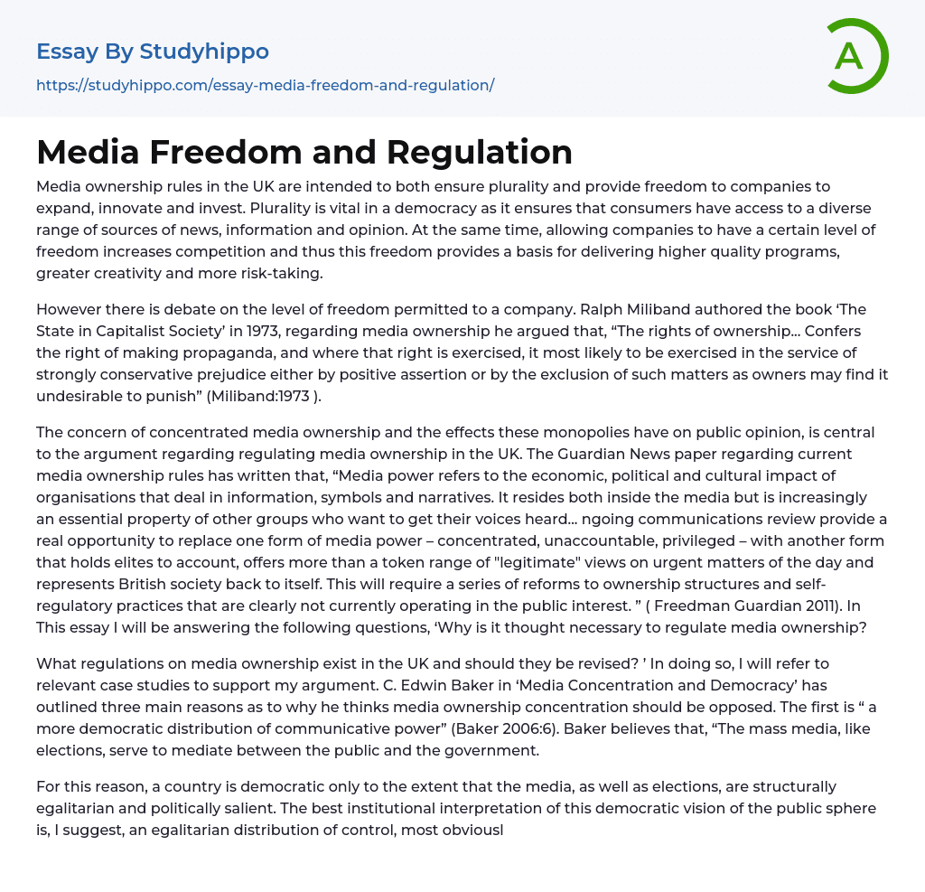 Media Freedom and Regulation Essay Example