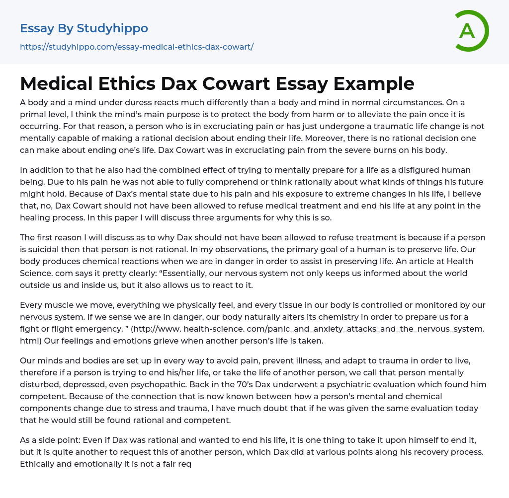 Medical Ethics Dax Cowart Essay Example