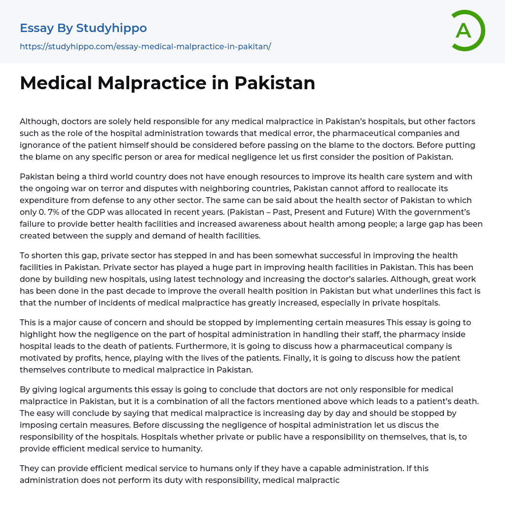 Medical Malpractice in Pakistan Essay Example
