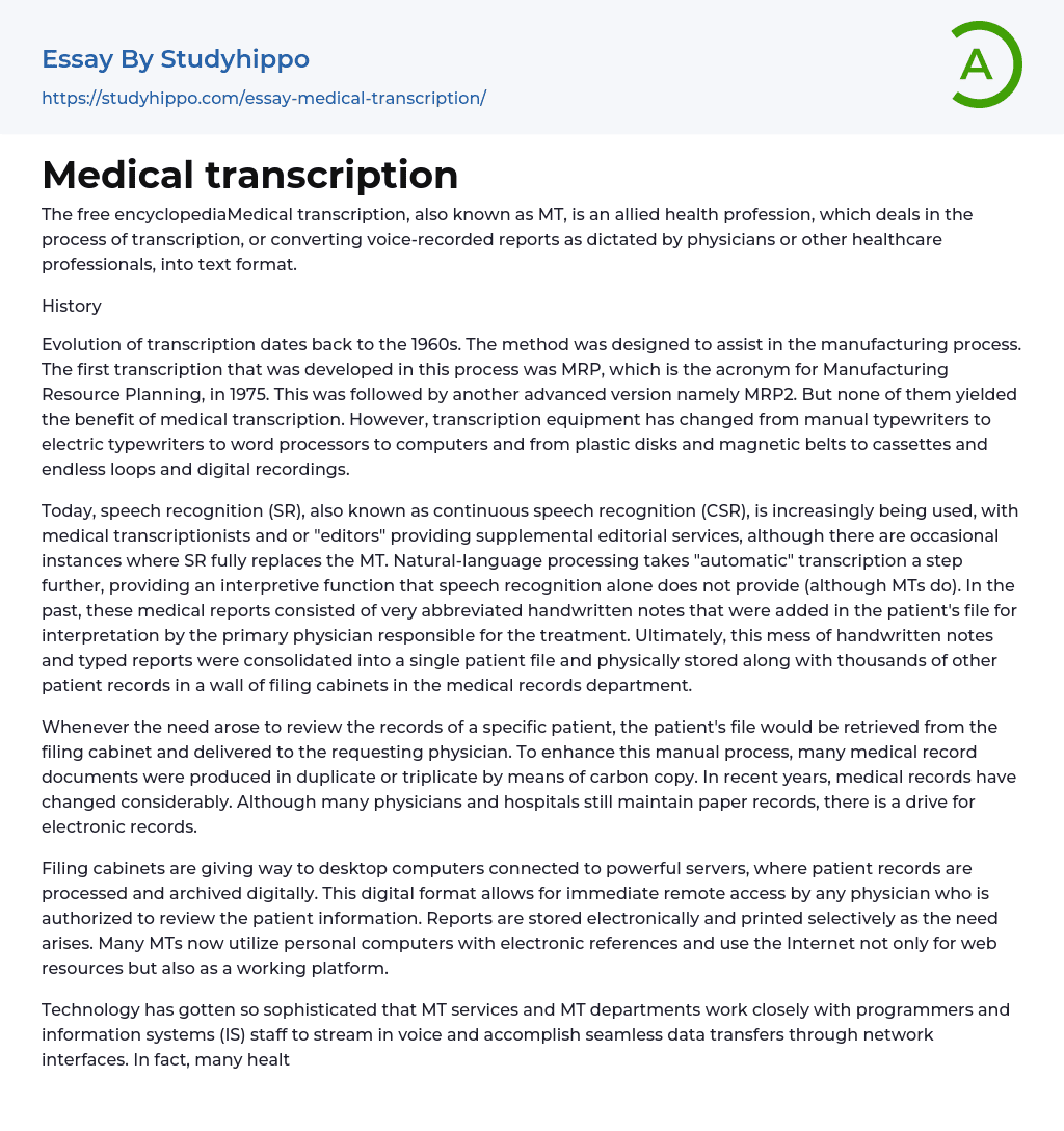 Medical transcription Essay Example