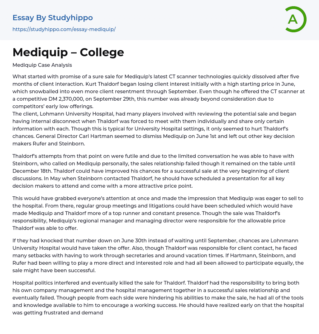 Mediquip – College Essay Example