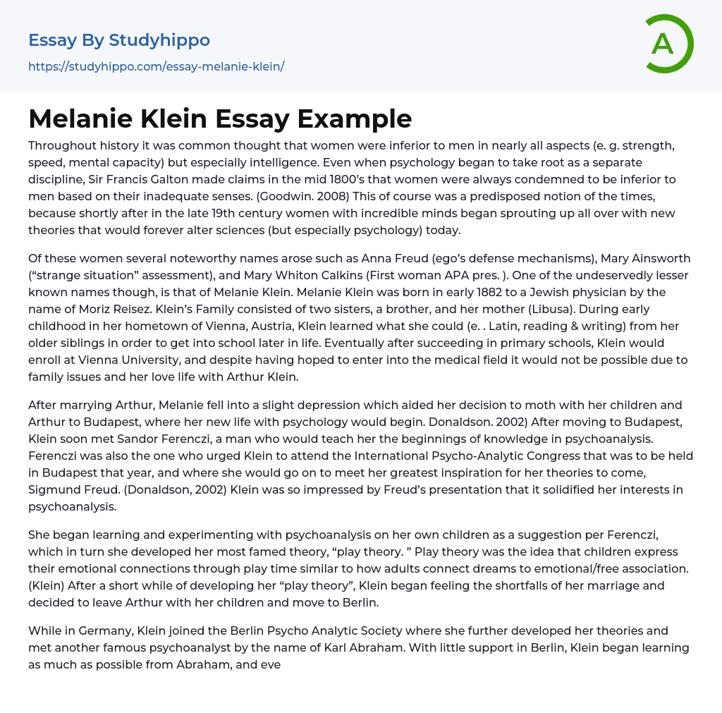 Melanie Klein Essay Example