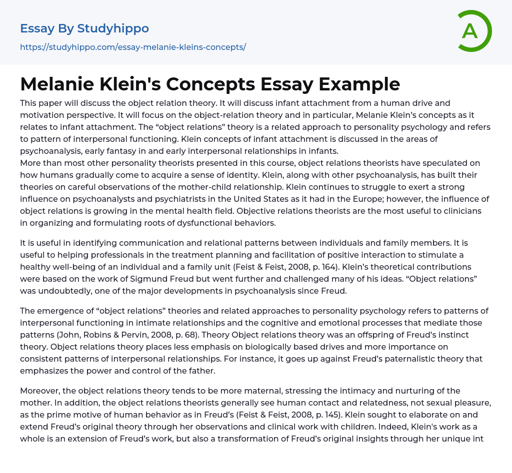 Melanie Klein’s Concepts Essay Example