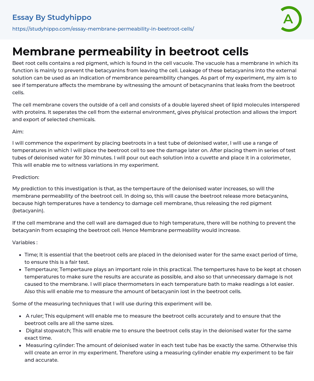 Membrane permeability in beetroot cells Essay Example
