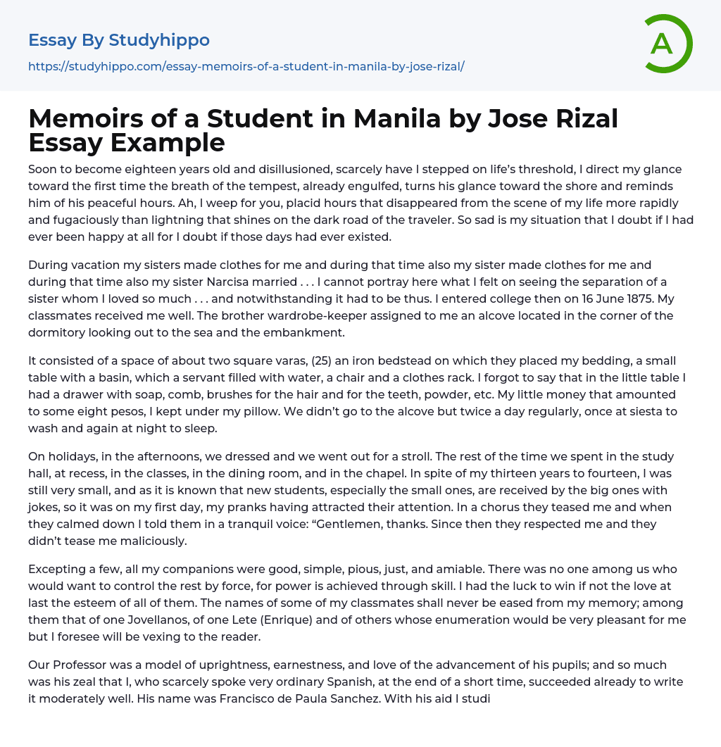 Memoirs of a Student in Manila by Jose Rizal Essay Example