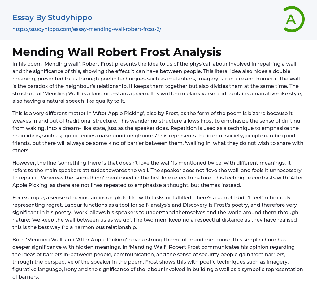 Mending Wall Robert Frost Analysis Essay Example