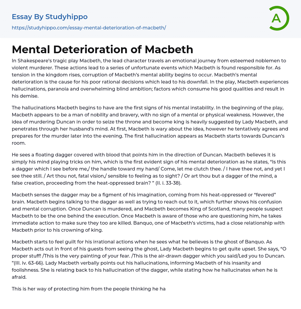 Mental Deterioration of Macbeth Essay Example
