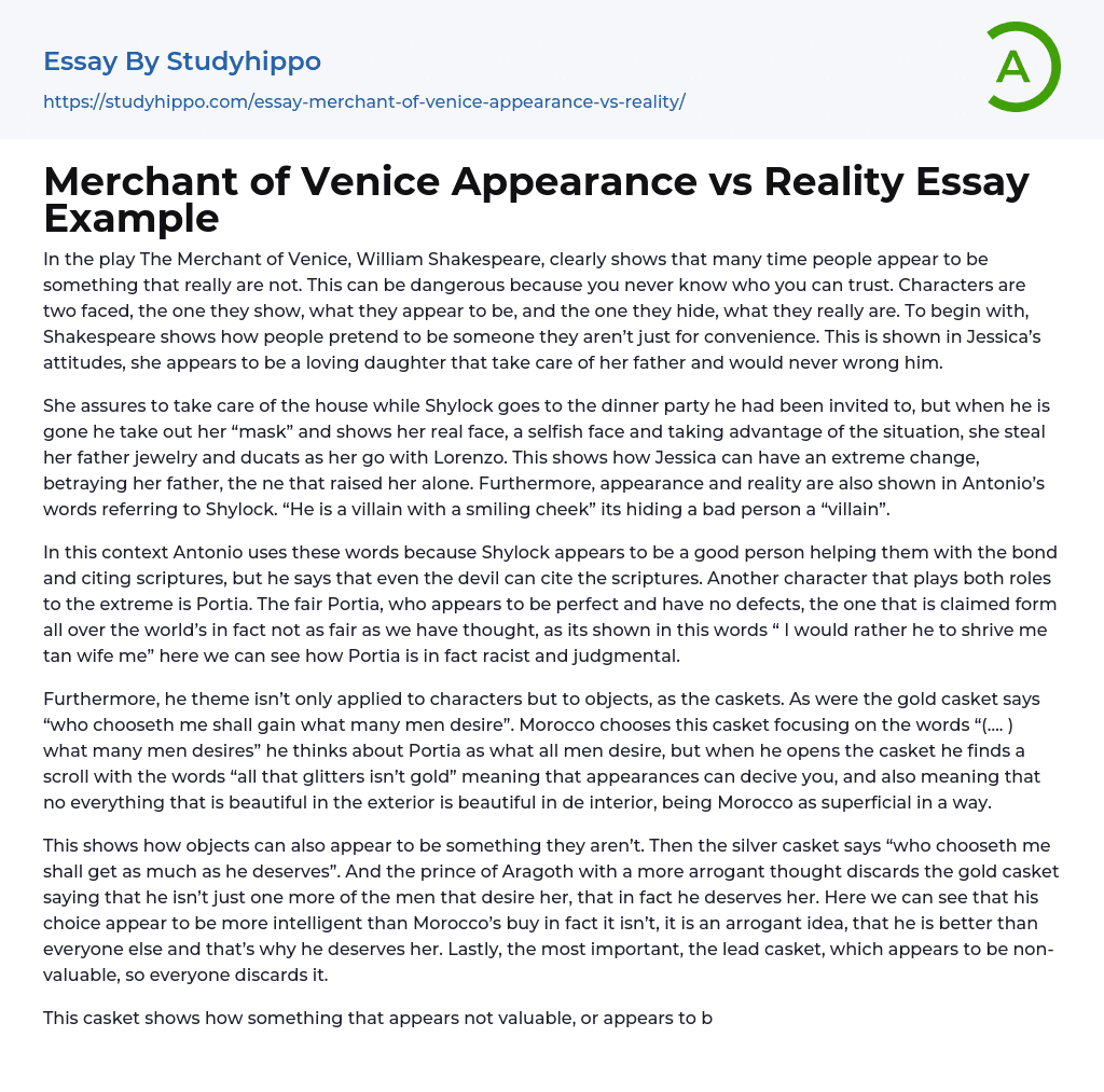 Merchant of Venice Appearance vs Reality Essay Example