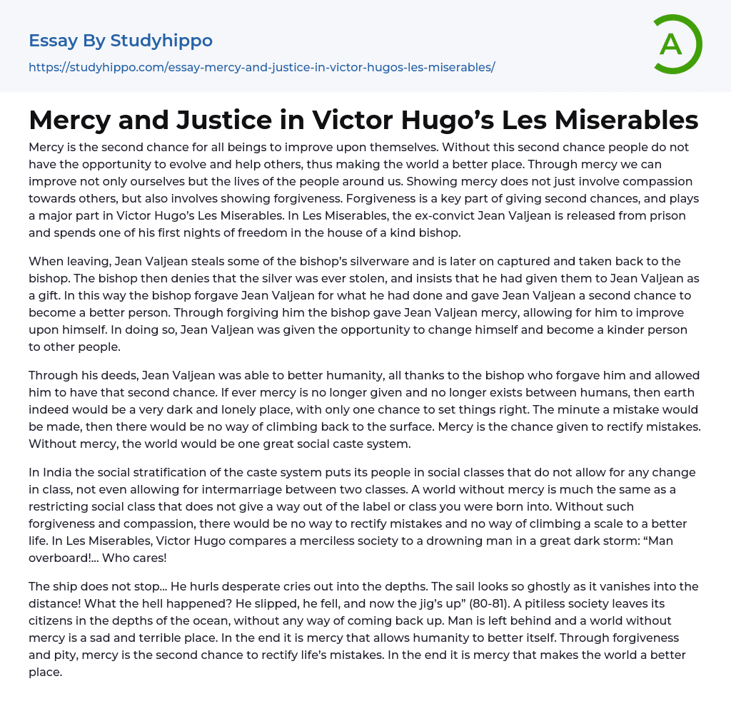 Mercy and Justice in Victor Hugo’s Les Miserables Essay Example
